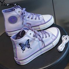 Purple Kawaii Butterfly Embroidery Canvas Sneakers · KoKo Fashion · Online Store Powered by Storenvy Purple Butterfly Sneakers, Cool Purple Sneakers, Boty Converse, Hip Hop Sneakers, Butterfly Shoes, Dr Shoes, Purple Sneakers, Butterfly Embroidery, Aesthetic Shoes