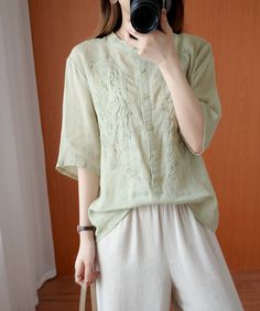 Bohemian green clothes For Women stand collar embroidery silhouette top

 Materials used: linen blended

Measurement:Size L/US16-18/EUR44   
length front 65cm / 25.35"
length back 71cm / 27.69"
Sleeve length 29.5cm / 11.505"
Shoulder 44cm / 17.16"
bust 108cm / 42.12"


Size XL/BUST-112cm   
length front 66cm / 25.74"
length back 72cm / 28.08"
Sleeve length 30cm / 11.7"
Shoulder 45cm / 17.55"
bust 112cm / 43.68"


Size 2XL/BUST-116cm   
length front 67cm / 26.13"
length back 73cm / 28.47"
Sleeve Casual Green Blouse With Stand Collar, Green Stand Collar Top For Summer, Embroidered Stand Collar Blouse For Spring, Spring Embroidered Blouse With Stand Collar, Embroidered Spring Blouse With Stand Collar, Embroidered Blouse With Stand Collar For Spring, Green Stand Collar Top For Spring, Casual Embroidered Top With Stand Collar, Green Linen Bohemian Blouse