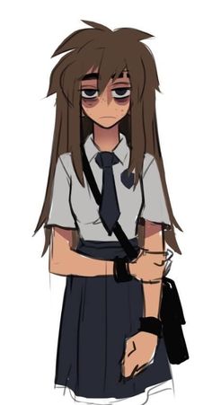 an anime character with long hair wearing a shirt and tie, holding a handbag