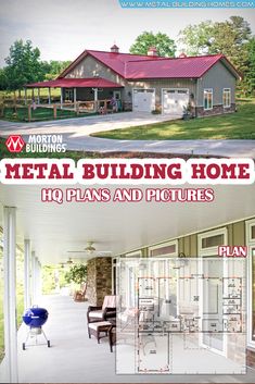 the cover of metal building home plans and pictures, with an image of a house in the background