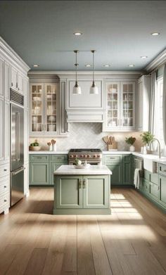 a kitchen filled with lots of white and green cabinets