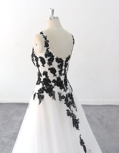 Sleeveless Black Ball Gown For Wedding, Black Ball Gown Evening Dress With Lace Bodice, White A-line Dress With Sweep Train, White Lace Prom Evening Dress, White Lace Evening Dress For Prom, White Evening Dress With Contrast Lace, White A-line Wedding Gown, Black Lace Bodice Ball Gown For Wedding, Black A-line Gown For Prom