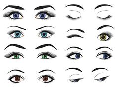 various types of eyes with long lashes and eyebrows, all drawn in different directions to show the