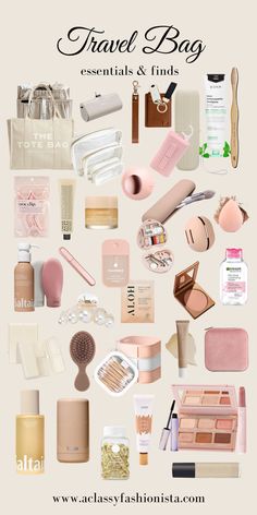 the travel bag essentials and finders list is shown in this graphic style, including makeup