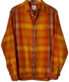 Casual Yellow Shirt For Fall, Casual Yellow Cotton Flannel Shirt, Casual Yellow Button-up Flannel Shirt, Oversized Yellow Cotton Shirt, Orange Casual Cotton Flannel Shirt, Casual Orange Cotton Flannel Shirt, Mustard Long Sleeve Cotton Shirt, Retro Yellow Shirt For Fall, Vintage Yellow Shirt With Relaxed Fit