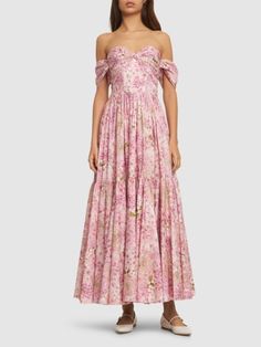 Printed poplin draped maxi dress - Giambattista Valli - Women | Luisaviaroma Spring Pre-draped Fitted Maxi Dress, Pre-draped Pink Spring Dress, Voluminous Dresses For Summer Garden Party, Spring Pink Maxi Dress With Ruched Bodice, Flowy Ruched Pink Maxi Dress, Flowy Pink Ruched Maxi Dress, Chic Voluminous Pink Dress, Feminine Voluminous Pink Dress, Pink Maxi Dress With Ruched Bodice