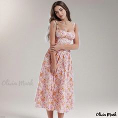 Olivia Mark - Elegant Prairie Floral Sundress with Square Neckline, Button Detail, Drop Waist, and Lace-Up Back Midi Design Midi Design, Midi Sundress, Long Sleeve Evening Dresses, Floral Sundress, Mini Slip Dress, Long Sleeve Shirt Dress, Plus Dresses, Evening Dresses Long, Floral Midi Dress