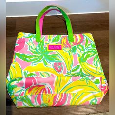 Lilly Pulitzer For Estee Lauder Fruit Banana Strawberry Tote Shopping Beach Bag Trendy Yellow Beach Bag With Large Capacity, Trendy Yellow Large Capacity Beach Bag, Trendy Large Capacity Yellow Beach Bag, Yellow Large Capacity Beach Bag For Shopping, Yellow Beach Bag For Shopping In Beach Season, Trendy Yellow Shoulder Bag For Beach Season, Casual Yellow Beach Bag For Shopping, Yellow Shopping Bag For Beach Season, Yellow Summer Shoulder Bag For Shopping