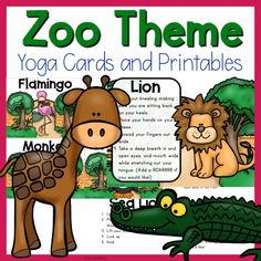 zoo theme yoga cards and printables with an alligator, giraffe, and lion