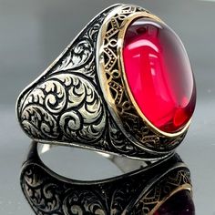 Silver Ruby Stone Ring , Engraved Man Handmade Silver Ring , Natural Ruby Ring , Red Stone Ring, Ottoman Style Ring , Gift For Him  ★Item Details * Gender : Male / Female * Material : 925K Sterling Silver * Total weight : 20 Grams * Gemstone : Ruby  Stone ✔ Ready to Ship in 1-2 Business Days .. ✔ Shipped to the Worldwide 1-5 business days with free shipping... ✔ The product will be sent to you with a handmade wooden box to avoid any damage during shipping... ✔ Visit our store, browse other Men's Antique Red Gemstone Signet Ring, Red Engraved Signet Ring For Formal Occasion, Formal Red Engraved Signet Ring, Red Engraved Vintage Signet Ring, Vintage Red Engraved Signet Ring, Classic Adjustable Red Ring, Red Oval Engraved Signet Ring, Antique Red Signet Ring For Anniversary, Vintage Ruby Signet Ring As Gift