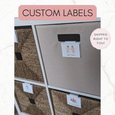 three drawers with labels on them and the words custom labels are in front of each drawer