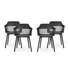 four black chairs sitting next to each other