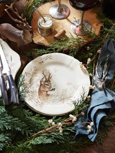 Gien Sologne Deer Salad Plate Weston Table Tablescapes Fall, Rustic Salad, Deer Plate, Horn Carving, Winter Plates, Wedding Palettes, Winter Tablescapes, Brown Plates, Hunting Themes