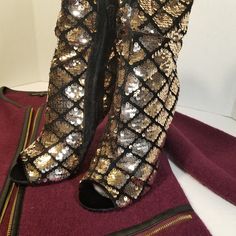 Rose Gold Peep Toe With Diamond Pattern Sequin Stiletto Heel With Velvety Heel & Zip Detail Approx 4 1/2 Inches Exclusive Boutique Wear Rose Gold Sequin, Qupid Shoes, Stiletto Boots, Gold Sequins, Gold Sequin, Diamond Pattern, Stiletto Heel, Stiletto Heels, Bootie Boots