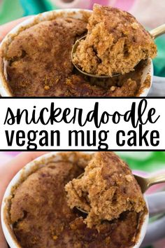 a close up of a person holding a spoon with food in it and the words, snickkerdoodle vegan mug cake