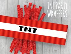 red and white striped party wrappers with the word tht on it in black font