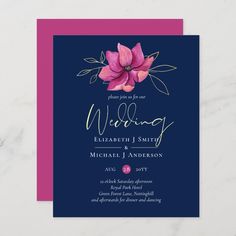 a wedding card with pink flowers on the front and blue back, in gold foil lettering