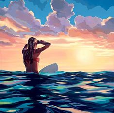 a painting of a woman sitting on a surfboard in the ocean with clouds above her