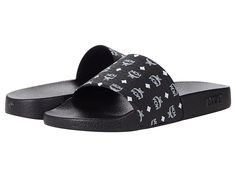 MCM Logo Group Slide - Women's Shoes : Black : Whether you stroll along the sea shores or lounge by the poolside, the MCM Logo Group Slide Sandals are your ideal companion for those sunny days. Synthetic upper, lining, and insole. Slip-on style. Iconic logo print on the vamp. Slightly grained synthetic outsole. Imported. Weight of footwear is based on a single item, not a pair. Black Slides For Poolside Summer, Casual Black Pool Sandals, Casual Pool And Beach Season Slides, Summer Slide Sandals With Logo Print, Summer Open Toe Sandals With Logo Print, Mcm Shoes, Slides Women, Black Shoes Women, Iconic Logo