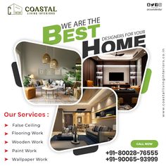 a flyer for a home renovation company with pictures of the interior and furnishings in it