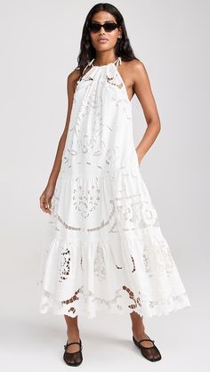 Sea Edith Embroidery Halter Neck Dress | Shopbop Spring Lace Dress With Cutwork, Elegant Eyelet Beach Dress, Lace Dresses With Cutwork, Bohemian Eyelet Dress For Summer, Fitted Summer Dress With Cutwork, Bohemian Cutwork Dress For Spring, Elegant Vacation Dress With Cutwork Hem, Sarah Bartholomew, Sea Clothes