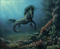 a painting of a horse in the ocean with its rear legs up and tail extended