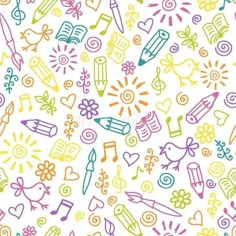 colorful doodles on white background with hearts and flowers in the center - patterns decorative