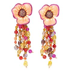 Flower power! A pair of ornate floral clip on earrings featuring dangle ruby, amethyst, and amber crystal strands. Painted peach and purple. Set on gold plated metal. Hallmarks: Jay, Jay Strongwater, CN By Jay Strongwater, originally for HSN. Art Deco Drop Earrings, Spiked Jewelry, Jay Strongwater, Purple Set, Jay Jay, Beautiful Flower Designs, Platinum Earrings, Amber Crystal, Pearl And Diamond Earrings