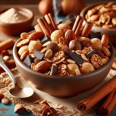 nuts and chocolate in a bowl with spoons