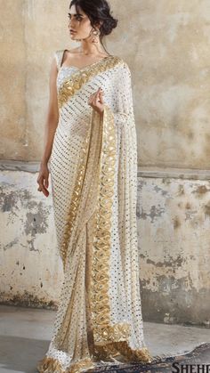 Saree Look For Engagement, Net Saree Look, Gold Embellished Saree With Traditional Drape, Luxury White Bollywood Style Pre-draped Saree, Luxury Bollywood Style Off-white Pre-draped Saree, White Bollywood Embellished Saree, Bridesmaid Sari, Ivory Sari, How To Wear A Sari