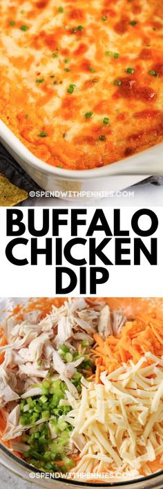 buffalo chicken dip in a glass bowl with shredded cheese