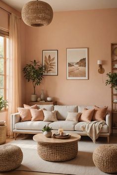 a living room with pink walls and wicker furniture in the center, potted plants on either side of the couch