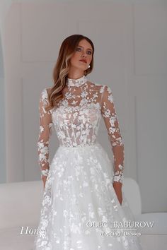 Lace Wedding Dresses Weddings Vibes, Oleg Baburow, Ball Gown Floral, High Collar Wedding Dress, Sky And Stars, Gown Floral, Celebrity Bride, Declaration Of Love, Long Sleeve Wedding Gowns