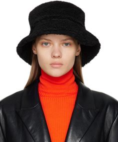 Sherpa fleece bucket hat in black. Full plain-woven cotton lining. Supplier color: Black Fur Bucket Hat, Faux Fur Bucket Hat, Bucket Hat Black, Beach Hat, Cotton Weaving, Black Cotton, Apparel Accessories, Bucket Hat, Women Wear