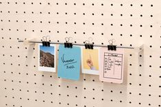 Elevate your Pegboard Panel with our sleek Photo Holder accessory. Designed specifically for our Quark Pegboard type with 6.1mm diameter holes and 30mm center distance, this stylish addition is perfect for showcasing your favorite photos, recipes, or inspirational quotes. 📸✨ Crafted with a stainless steel bar, two durable solid beech wood pieces, and two stainless steel pins, the photo holder system is both functional and elegant. Whether you're looking to share ideas, host a creative workshop, Modular Wall Shelf, Poster Holder, Carpentry Workshop, Best Hacks, Pegboard Accessories, Wall Photo, Modular Walls, Stainless Steel Rod, Photo Holder