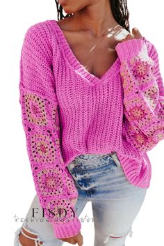 Fisdy - Floral Crochet Cable Knit V Neck Rose Sweater Floral Crochet Sweater, Crochet Cable Knit, Knit V Neck Sweater, Colorful Tops, Knit V Neck, Crochet Cable, Cable Knitting, Rose Sweater, Summer Sweaters