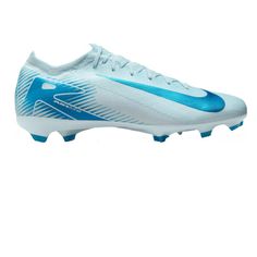 a white and blue soccer shoe on a white background