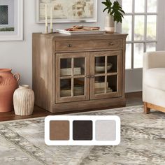 a living room scene with focus on the cabinet and color scheme for the area rug