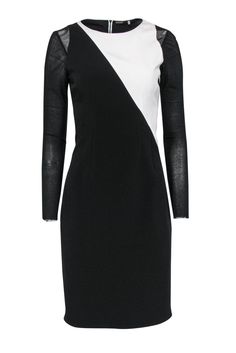 Current Boutique-Elie Tahari - Black & White Bodycon Dress Sz 4 Elegant Mini Dress With Sheer Sleeves For Work, Long Sleeve Color Block Party Dress, Color Block Long Sleeve Party Dress, Sleek Fitted Dress With Sheer Sleeves, Elegant Color Block Party Dress, Chic Dresses With Sheer Sleeves For Work, Mini Dress With Sheer Sleeves For Work, Chic Mini Dress With Sheer Sleeves For Work, Black Mini Dress With Sheer Sleeves For Work