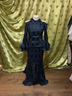 blue Lacey navy set top and skirt. Sizes, top- shoulder - 14 inches, sleeve - 21 inches, bust - 33 inches, length - 23 inches.              skirt - waist - 28 inches, hips- 37 inches, length 23 inches Two-piece Dress With Long Skirt For Party, Elegant Blue Sets For Evening, Fitted Off-shoulder Evening Set, Elegant Blue Evening Sets, Fitted Long Sleeve Skirt Set For Party, Blue Fitted Skirt For Formal Occasions, Fitted Off-shoulder Set For Night Out, Elegant Off-shoulder Party Sets, Long Sleeve Two-piece Skirt Set For Party