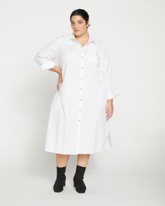 Odeon Stretch Poplin Shirtdress - White | Universal Standard Classic Spread Collar Shirt Dress For Summer, Classic Shirt Dress With Spread Collar For Summer, Classic Summer Shirt Dress With Spread Collar, Formal Shirt Dress With Spread Collar And Button Cuffs, Formal Shirt Dress With Button Cuffs And Spread Collar, Classic Shirt Dress With Spread Collar For Daywear, Classic Shirt Dress With Placket For Daywear, Formal Shirt Dress With Spread Collar And Placket, Collared Shirt Dress With Placket