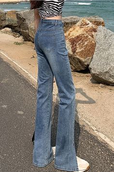 High Waist Split Cut Leg Flare Jeans – Tomscloth Casual Fitted Full-length Bottoms, Retro Solid Color Bottoms For Spring, Retro Spring Bottoms, Retro Fitted Solid Color Bottoms, Pinterest Style, Early Spring Outfits, Wide Jeans, Current Fashion Trends, Korea Fashion