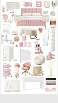 a collage of pink and white furniture, including a bed, dresser, chair, mirror