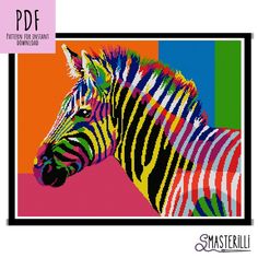 DIGITAL PDF CROSS STITCH PATTERN FOR INSTANT DOWNLOAD This colorful zebra will be a wonderful addition to any interior and will look great as a picture on the wall.  #crossstitch #crossstitchpattern #embroiderydesign #hoopart Zebra Cross Stitch, Zebra Cross, Picture On The Wall, Zebra Crossing, Rainbow Zebra