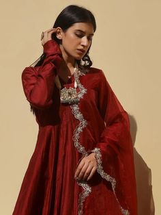 Buy Maroon Aari Hand Embroidered Chanderi Anarkali Suit with Organza Dupatta - Set of 3 | AS-GPN5/ASRU4 Chanderi Anarkali, Dupatta Set, Organza Dupatta, Anarkali Suit, End Of Season Sale, The Loom, Anarkali, Summer Sale, Pre Wedding