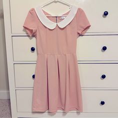 Super Cute Sunny Girl Brand Dress In A Gorgeous Blush Pink Color With White Collar. Size Small. Nwt! Fast Shipping. Feminine Pink Dress With Peter Pan Collar, Pink Summer Dress With Peter Pan Collar, Cute Pink Dress With Peter Pan Collar, Cute Fitted Peach Dress, Pink Fitted Dress With Peter Pan Collar, Blush Pink Dress, Blush Pink Color, Blush Pink Dresses, Brand Dress