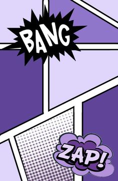 the word bang is written in black and white on a purple background with pop art