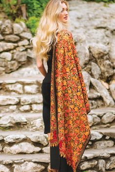 Embroidered Wool, Wool Shawl, Crewel Embroidery, Hijabi Fashion, Shades Of Orange, Bohemian Clothes, Vibrant Orange, Classic Beauty, Embroidered Top