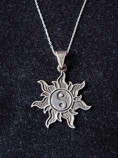 Pendant Yin Yang in rays of the Sun, Sterling Silver 925, Silver chain as a gift - Armenian Handmade Sterling Silver Sun Design Spiritual Necklace, Silver Sun Design Necklace For Gift, Silver Necklace With Sun Design As A Gift, Silver Necklace With Sun Design For Gift, Silver Sun Design Jewelry As A Gift, Symbolic Sun Design Jewelry For Gifts, Spiritual Silver Necklace With Sun Design, Symbolic Silver Necklace With Sun Design, Yin Yang Necklace