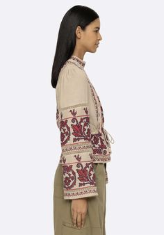 Blouse Beena Embroidery Ss24-082 Taupe Multicolor Geometric Embroidered Top For Fall, Multicolor Embroidered Top With Geometric Patterns For Fall, Folk Style Blouse With Tonal Embroidery For Spring, Traditional Long Sleeve Tops With Tonal Embroidery, Beige Long Sleeve Folk Top, Beige Folk Style Long Sleeve Tops, Beige Tops With Embroidered Sleeves For Spring, Beige Cotton Top With Floral Embroidery, Traditional Floral Embroidered Tops With Relaxed Fit